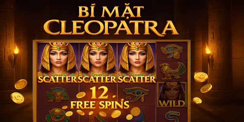 Giao diện game slot Bí Mật Cleopatra với đền đá và biểu tượng Ai Cập cổ.