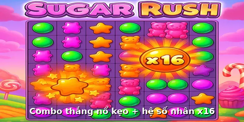 Combo thắng nổ kẹo và tích lũy hệ số nhân trong Sugar Rush.
