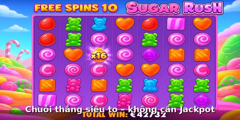 Giao diện chính của game slot Sugar Rush với nền tảng kẹo ngọt tươi sáng.