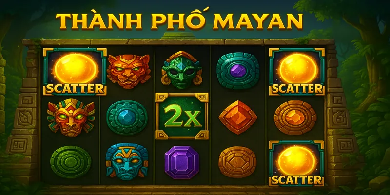 Biểu tượng nhân hệ số và Scatter trong slot Thành Phố Mayan