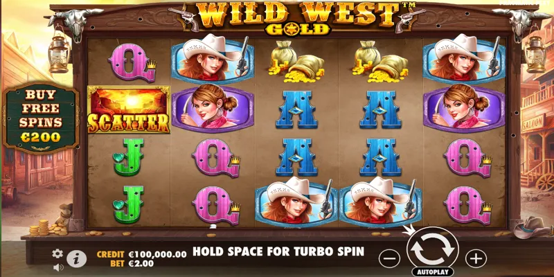 Giao diện hoành tráng với chủ đề miền Tây hoang dã trong Wild West Gold.